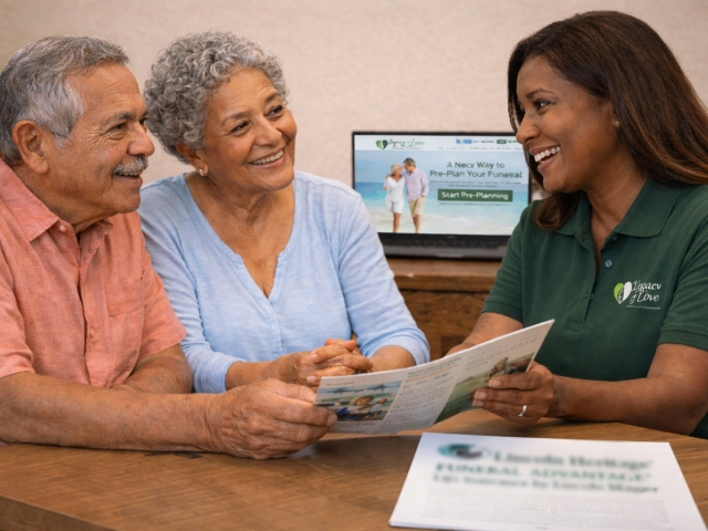 A family meeting with a funeral planning counselor to review their options — comparing Lincoln Heritage Funeral Advantage to Legacy of Love.
