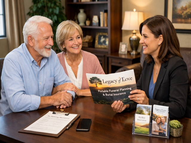 A supportive Legacy of Love funeral counselor meeting with a family to discuss portable funeral planning and burial insurance options.