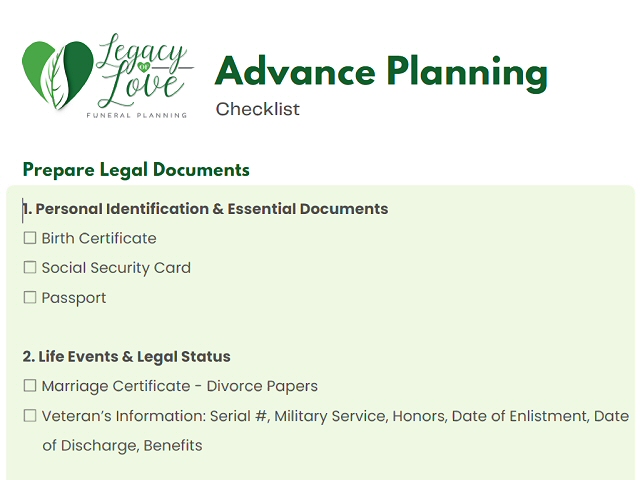 Funeral planning checklist downloadable PDF from Legacy of Love funeral planning services. Get a free, no obligation quote today.