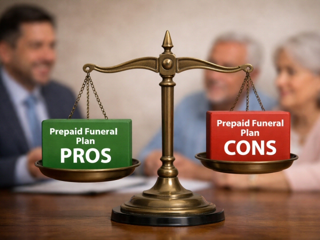 A supportive funeral counselor meeting with a family to discuss the pros and cons of prepaid funerals.